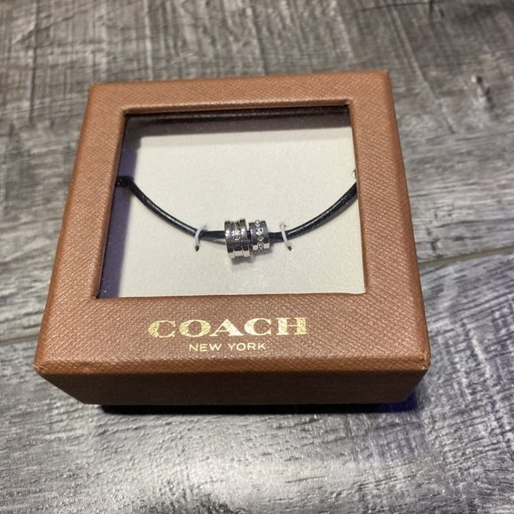 Coach Black & Silver Leather Cord Bracelet W/Rhinestones New In Gift Box - Picture 1 of 5